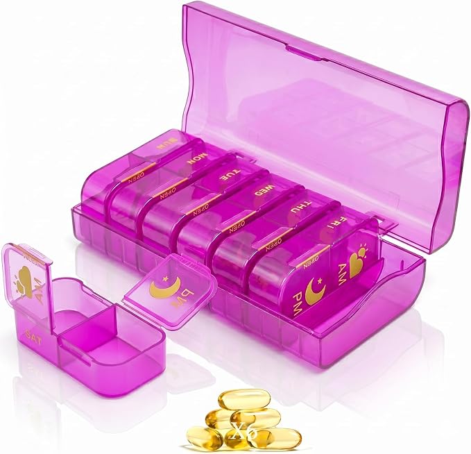Weekly Pill Organizer 2 Times a Day, 7 Day AM/PM Pill Box, Portable Medication Dispenser with Child-Resistant Latch, BPA-Free, Travel, Office, Pets, Emergency Use (Lavender Purple)