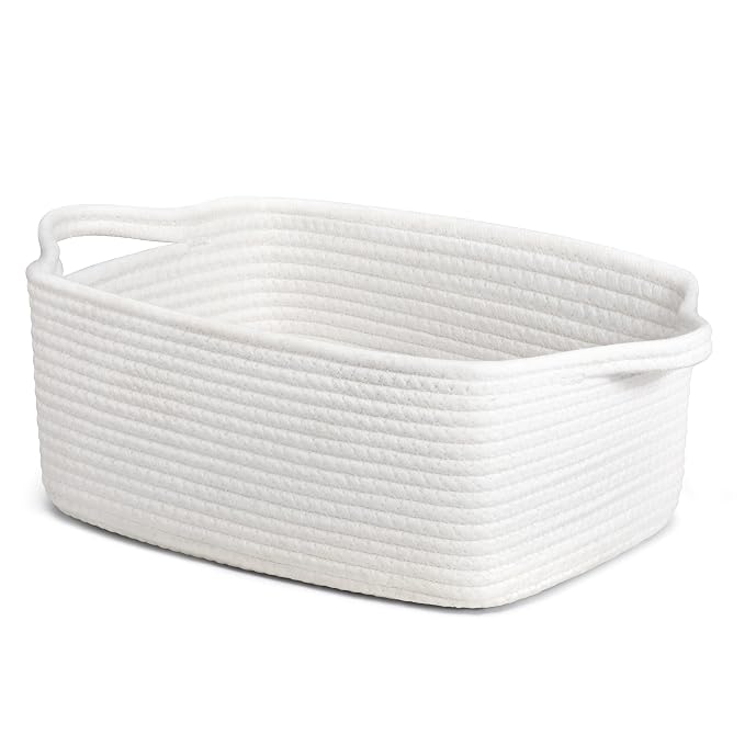 CHICVITA Small Woven Rope Gift Basket, Decorative Shelf Basket, White | 13" x 10" x 5" Storage Baskets for Toys, Diapers & Baby Showers, Fits Nursery & Bathroom Organization, Built-In Handles