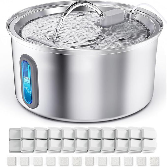 Cat Water Fountain Stainless Steel, 3.2L/108oz Pet Fountains for Drinking with Smart Quiet Pump and Large Water Level Window, Easy-to-Clean Automatic Pet Water Dispenser for Indoor Use