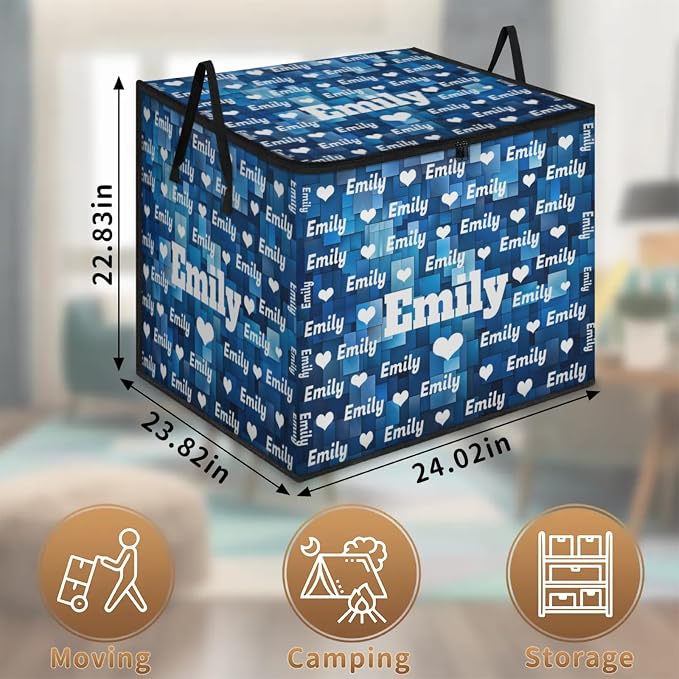 Personalized Storage Bags with Lid Large Blanket Clothes Blue Geometric Pattern Love Hearts Organization and Storage Containers for Comforters,Bedding, Foldable Organizer with Reinforced Handle