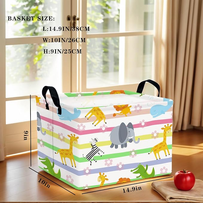 Cute Rectangle Woodland Animal Baby Girl Basket Nursery Playroom Bedroom Decor Clothes Toy Storage Basket Linen Canvas Colorful Animals