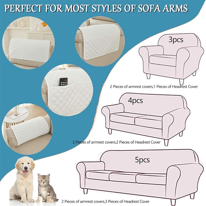 Water-Resistant Sofa Armrest and Headrest Covers, 2 Pockets | Quilted polyester helps shield recliners, loveseats and sofas from daily wear; silicone backing and fasteners improve grip