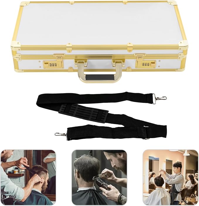 Barber Case, Professional Barber Travel Carry Cases for Clippers and Supplies Storage, Hair Stylist Tool Kits Organizer Beauty Salon Barber Box with Shoulder Strap & Code Lock (White&Gold)