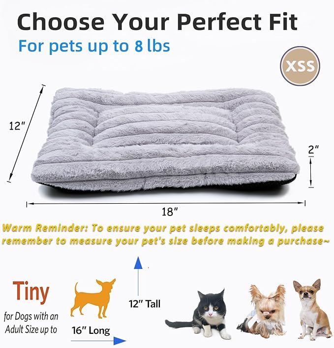 18 Inch Ultra Soft Comfy Pet Bed, Tiny Dog Bed, Washable Anti-Slip Crate Pad Sleeping Cushion Mat for XX-Small Dogs, Indoor Cats & Cat Carrier, Light Gray