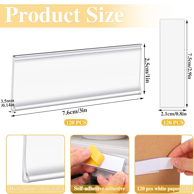 120 Set Shelf Labels, 3 x 1in Adhesive Label Holders with White Paper Tags | Includes 120Pcs Paper Tags and 120Pcs PVC Clear Label Holders for Bookshelf, Shelves, Mailboxes, Waterproof, Strong Adhesive