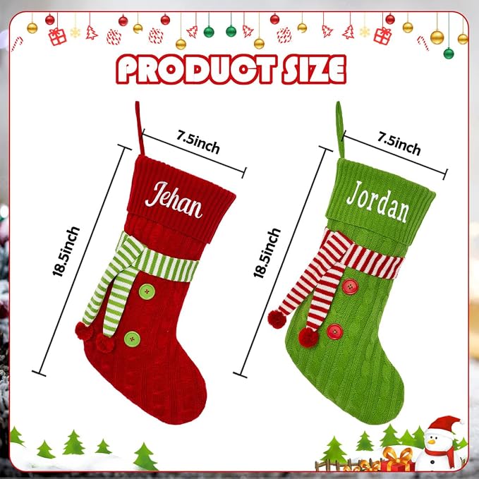 Personalized Christmas Stockings, Custom Name Knit Scarf Christmas Stockings for Kids, 18" Large Xmas Stockings Hanging Ornament for Holiday Fireplace Decoration (5 Pcs)