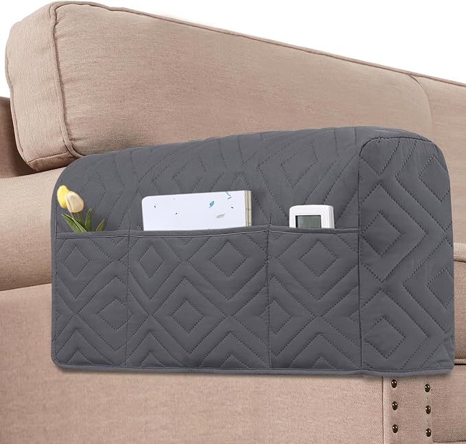 H.VERSAILTEX Water Resistant Armrest Covers for Sofa, 2 Pack, Gray/Beige | Waterproof Armchair Caddy, Couch Arm Covers Remote Control Holder Sofa Armrest Organizer for Magazine, Tablet, Phone, iPad