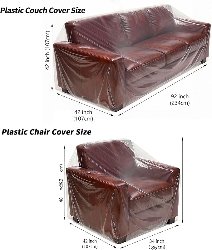 2 Pack Plastic Couch Cover Chair Cover with Elastic Band, Clear Furniture Cover Sofa Cover Recliner Cover Protector for Moving and Storage, Waterproof Moving Bags for Couch Slipcover