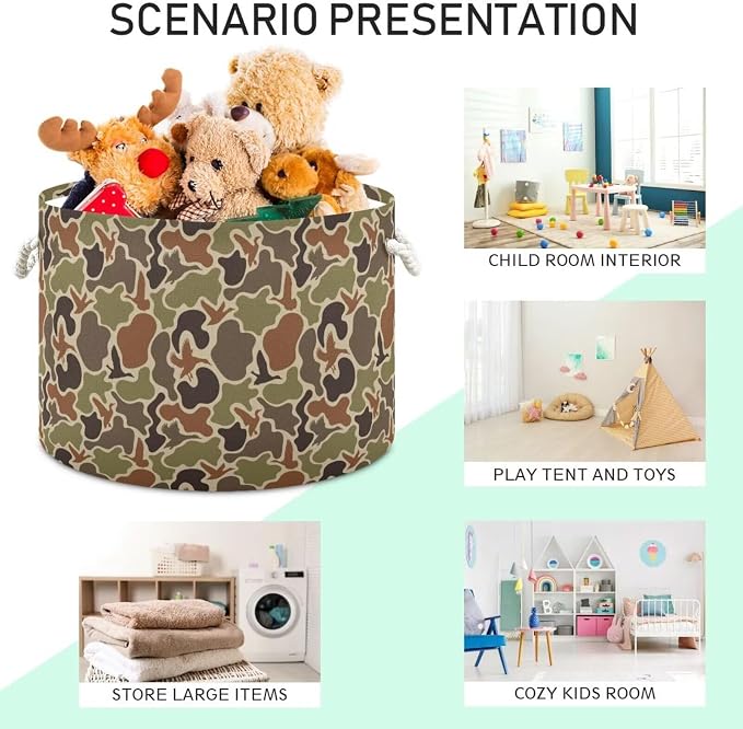 Duck Hunter Camo Collapsible Round Storage Basket with Handles | Camouflage Print Large Laundry Baskets Hamper, Clothes Organizer Bin for Bedroom Living Room Decor, 20x 20x 14 Inches
