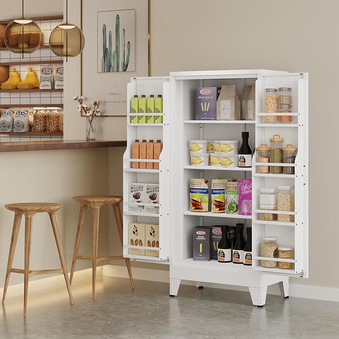 Black Kitchen Pantry Storage Cabinet, 48" Metal Storage Cabinet | Steel Storage with Doors and 3 Adjustable Shelves, Metal Freestanding Buffet Cupboards Sideboard, for Office, Home, School