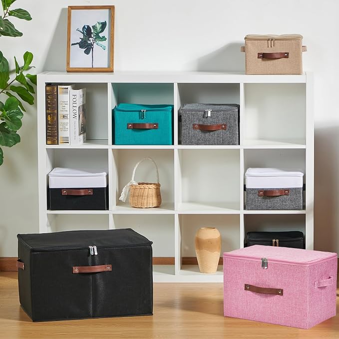 2PCS Storage Bins with Zipper Lids Decorative Lidded Basket Box | Clothes Container, Closet Shelf Organizer, Foldable Washable, Cotton Linen Fabric, w/ PU Leather Handles, Pink, Small