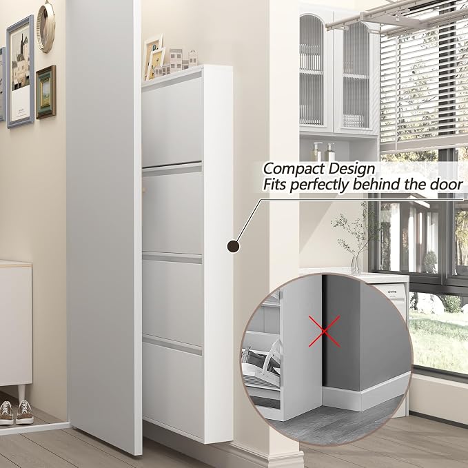 GREATMEET Shoe Rack for Closet, 6 Inch Slim Wall Mounted Shoe Cabinet, Narrow White Hidden Metal Shoe Storage with 4 Flip Drawers, Tall 57 Inch Steel Organizer Rack for Entryway Hallway Small Spaces