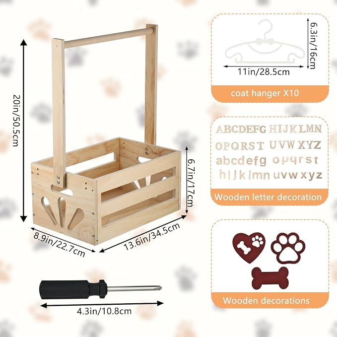 Wooden Pet Wardrobe Closet Toy Basket Box with Hanging Rods Personalized Pet Alphabet Letters Easy Assembly Baskets Dog Toy Box for Dog Cat Toys Clothes Organization Storage Accessories