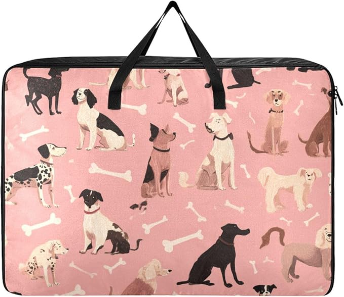 Comforter Storage Bags Large Folding Blanket Organizer Bag with Strong Handles Clear Window Closet Storage Containers for Clothes King Queen Pillows Bedding Quilt Duvet Pink Dog and Bone01