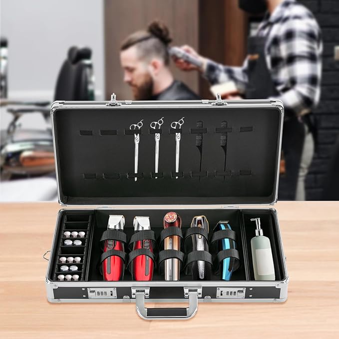 Barber Carrying Case, Stylist Tool Box Professional Salon Hair Cutting Grooming Kit Storage Organizer with Adjustable Shoulder Strap for Clippers, Scissors, Barber Supplies (Sliver)