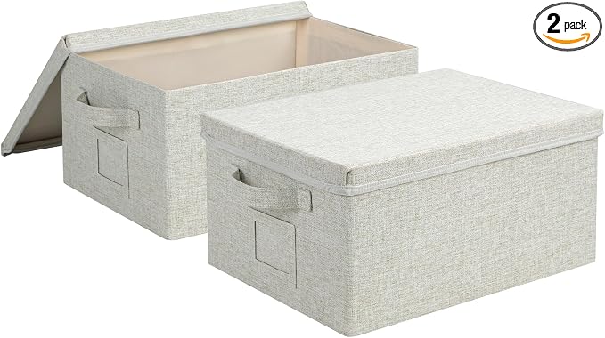 Storage Bins With Lids Closet Organizer Cabinet Box For Clothes,Toys,Shelf | 2 Pack, 17"X 12"X 2", Collapsible, Stackable, Dustproof, Built-In Handle, Label Slot, Linen Fabric, Cardboards, Gray-Green