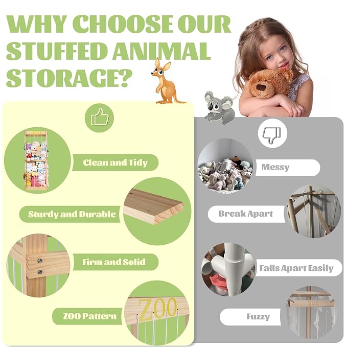 Trycooling Wood Stuffed Animal Zoo Stuffed Animal Storage, Wood | Plushie Storage, Stuffed Animals Zoo Storage Cage with Zoo Pattern Elastic Band for Nursery Play Room Bedroom