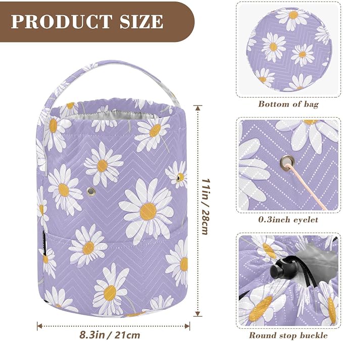 Fustylead Cute Daisy on Light Purple Background Yarn Crochet Tote Basket, Large Knitting Drawstring Organizer Yarn Storage Bag for Crocheting Project, Sewing Supplies, Yarn Balls, Needles