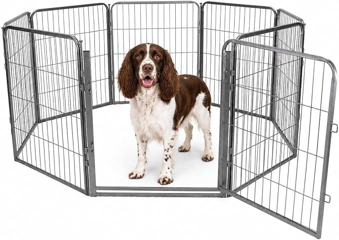 Dog Play Pen for Indoor Use - 32'', 8 Panels for Small and Medium Size Dogs - Portable Grey Playpen Kennel for House or Garage - Metal Heavy Duty Pet Fence with Anti-Slip Feet