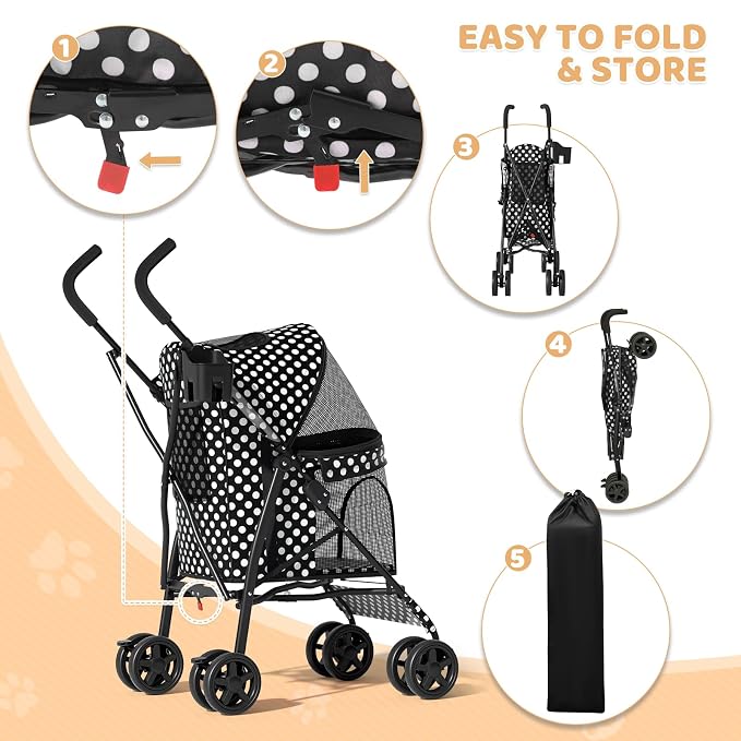 Magshion Compact Fold Pet Travel Stroller for Small Dogs Cats | Up to 22lbs, 4-Wheel Lightweight Umbrella Shaped Design, Safety Tethers, Breathable Mesh, Cup Holder & Rear Storage