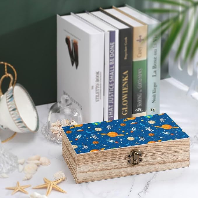 Wooden Keepsake Box for Letter Photo Gift Boxes with Hinged Lid, Space Cute | Astronaut Planets Blue Jewellery Organizer, Small Memory Storage Boxes, Holiday Party Favor Decor, 9.2x5.5x3.9 Inch