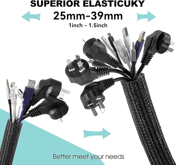 AGPTEK Cable Sleeve, 10ft - 1.5 inch Cable Management Cord Hider, Black | Desk Cord Cover Organizer Wire Hider for Office Computer TV Wire Loom Tubing Pet-Proof Cord Protector from Cat Dog Chewing