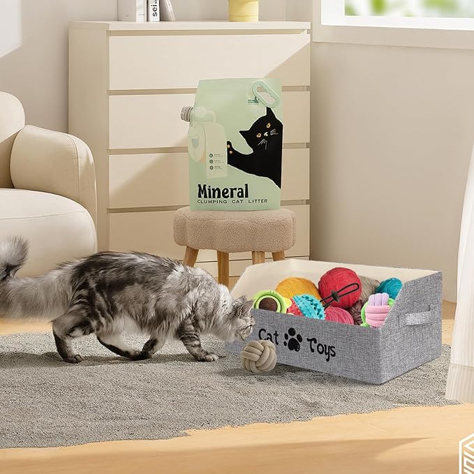 19.7 in Cat Toy Bin, Cat Toy Storage Box Kitten Toy Basket Collapsible Pet Supplies Storage Chest Holder Organizer with Handles for Organizing Dogs Cats Toys Clothes Accessories, Gray