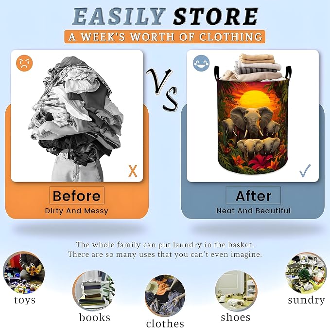 Elephant Laundry Basket, Jungle Animal Sunset Nature Storage Hamper, Round Collapsible Waterproof Cloth Bin, 19.7x15.7 Inch Tropical Clothes Organizer Gifts for Bathroom Decor