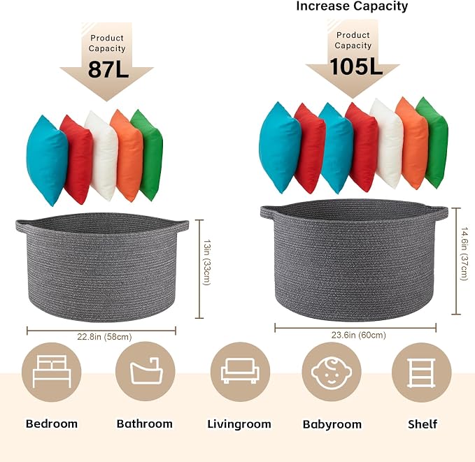 OIASKET Large Woven Baskets for Storage, 23.6" x 23.6" x 14.6" Blanket Storage Living Room, Baby Toy Basket for Clothes, Pillows, Towels, Shoe Basket for Entryway (Dark Grey)