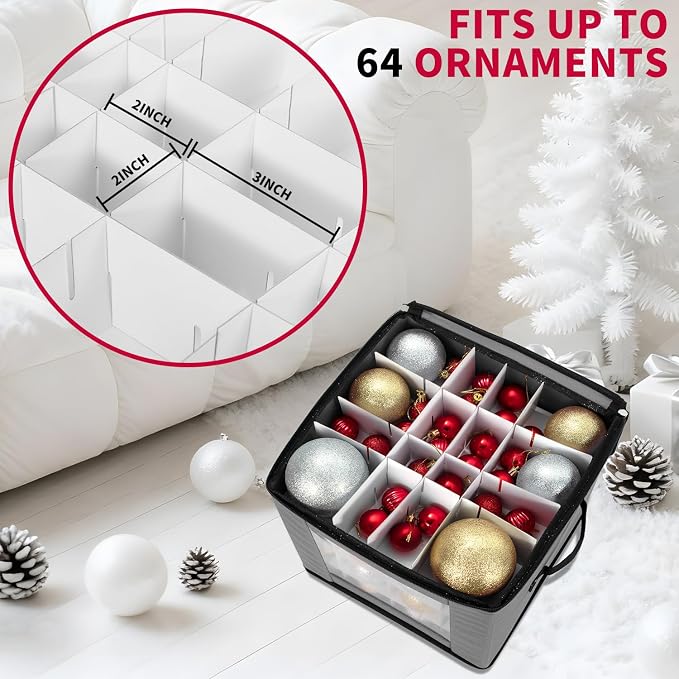DIMESHY Christmas Ornament Storage Box Holds 64 Holiday Decorations,GRAY | Ornament Storage Container with Two Sturdy Carrying Handles,Adjustable Dividers,Holds Up to Christmas Ornaments by DIMESHY