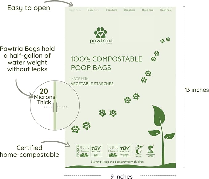 Pawtria Home Compostable Dog Poop Bag Rolls, 480 Bags, 32 Rolls | Leak-Proof Dog Poop Bags Made with Vegetable Starches, TÜV Austria Home Compost Certified, Easy Open Rolls