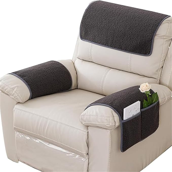 Sherpa Fleece Armrest and Headrest Covers with 2 Pockets | Soft fleece with nonslip silicone backing helps protect leather and fabric furniture from pet scratches machine washable