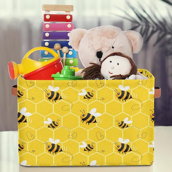 AUUXVA Storage Basket Yellow Bee Storage Cube Box Set of 2 Durable Canvas Collapsible Toy Basket Honeycomb Beehive Organizer Bin with Handles for Shelf Closet Bedroom Home Office