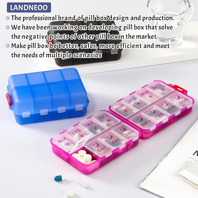 Foldable Weekly Pill Organizer 2 Times a Day with 2 Extra Compartments - Etched Labels - Portable 7 Day AM PM Medicine Box, Week Daily Travel Pill Case Holder for Meds, Vitamin, Supplement -Clear Pink