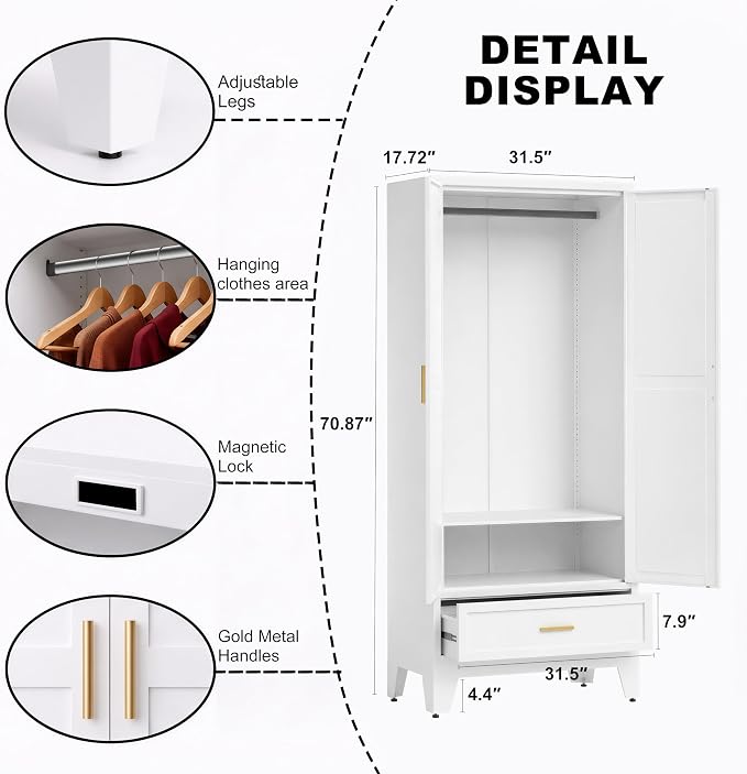 71" H White Storage Cabinet with Doors,Metal Storage Cabinets,Garage Cabinet,Broom Closet Storage Cabinet,Utility Cabinet