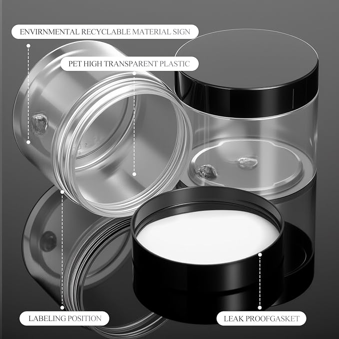 Patelai 60 Pcs Plastic Containers with Lids, Round Leakproof Cosmetic Containers, Multipurpose Storage Jars for Makeup, Lotion, Ointment, Rhinestone Samples, Dry Food and Toiletries(Black,6 oz)