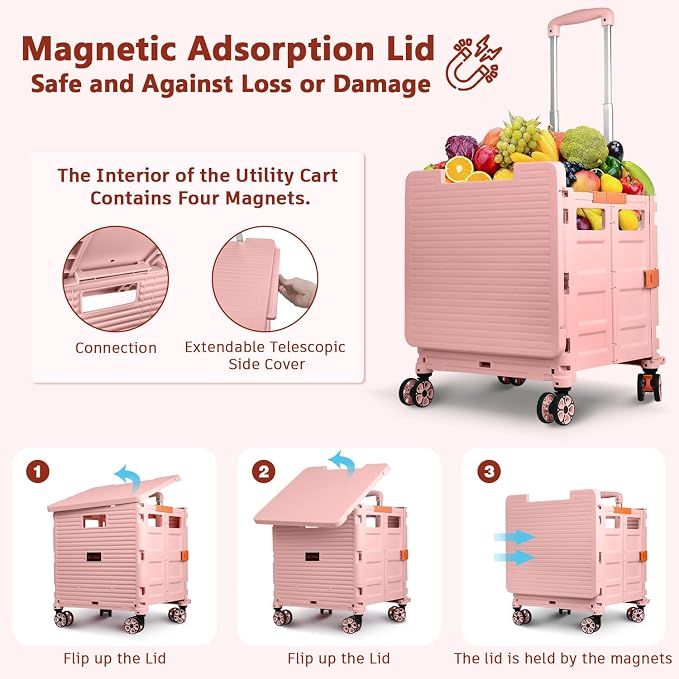 Foldable Utility Cart Collapsible Portable Crate Rolling Carts with Wheels Tote Basket with Magnetic Lid Telescopic Cover Wear-Resistant 360°Rotate Wheel Noiseless for Shopping Storage Office Use