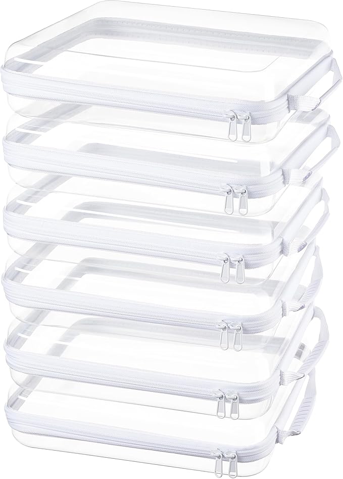 6-Pack Clear Bag Hard Shell Zipper Case with Handle, 1.3mm Thick Rigid Pouch for Craft Organizers and Storage, Large 12.6" Square Containers for Board Games, Puzzles & Toys