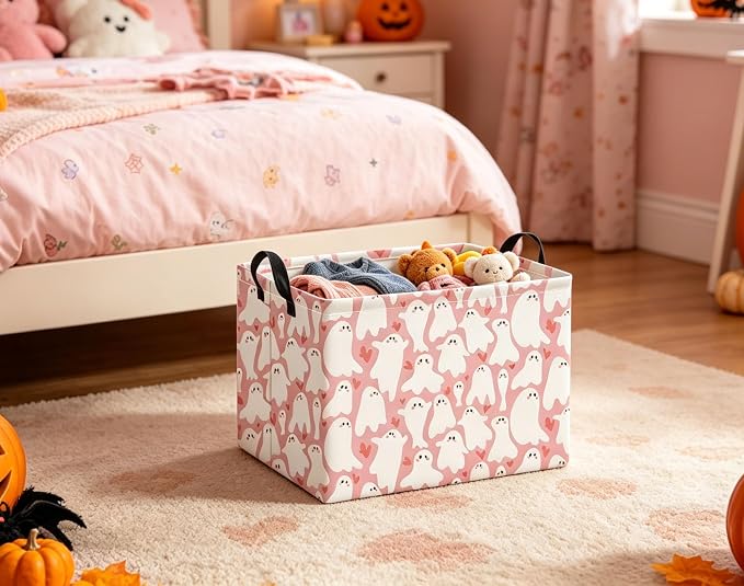 Halloween Basket Cute Baskets for Kids Pumpkin Basket Rectangular Storage Bin Organizer Box Room Decor(Pink Cute Ghost)