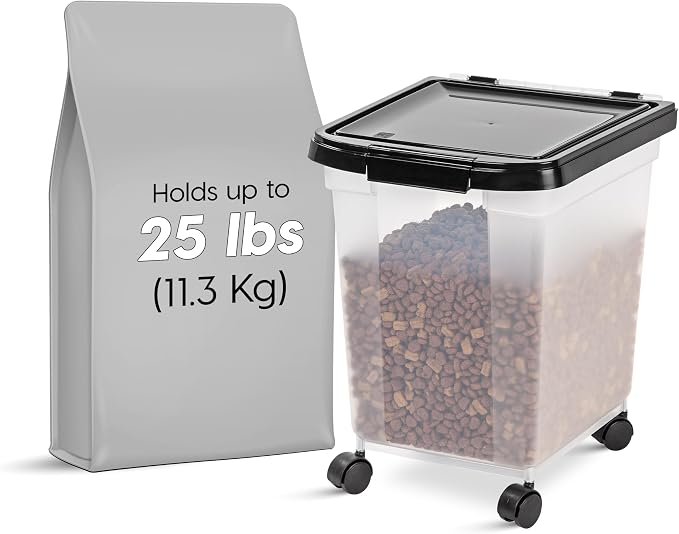 IRIS USA Dog Food Storage Container, Up to 25 lbs, Black, Made in USA | Wheels for Mobility, Airtight Seal, BPA-Free, Best for Bird Seed, Cat food, Cat Litter, Chicken Feed, Pellets