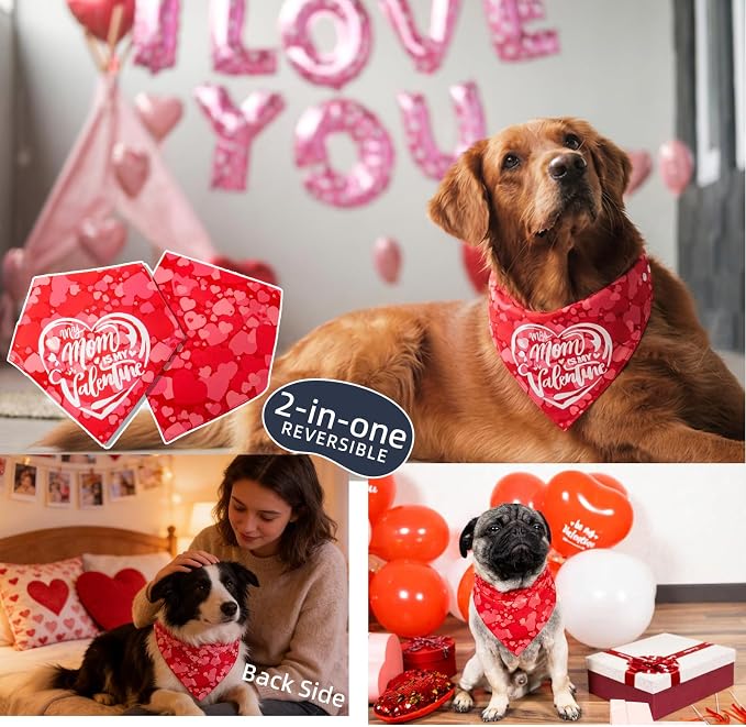 Holiday Dog Bandanas for Valentine's Day 2-in-1 Reversible Cute Lettering - My Mom is My Valentine & Heart Pattern Costume Pet Scarf with Snap Button for Large & Extra Large Breeds 75lbs+