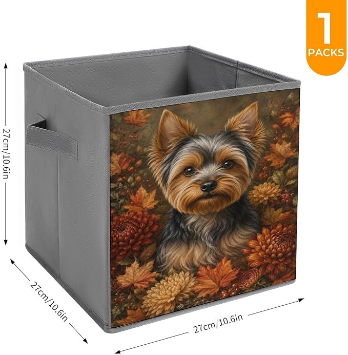 Yorkie Dog Autumn Flowers Storage Bin with Handles, Oxford Fabric Foldable Storage Cube Organizer for Clothes, Towels, Bedroom, Living Room, Home Organization