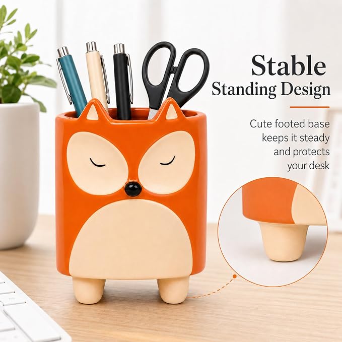 Ceramic Fox Shaped Pen Pencil Holder for Desk Decoration Accessories Fox Decor Makeup Brush Pen Cups Office School Ideal Gifts for Women, Mom or Birthdays