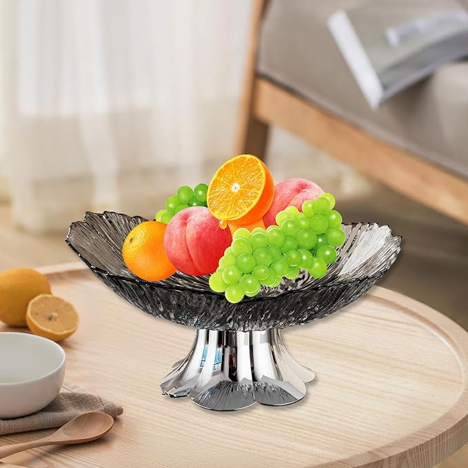 Pedestal Fruit Bowl, Snack Storage Holder, Fruit Tray, Dessert Display Stand, Decorative for Living Room Kitchen Home, E with Silver Base, Black