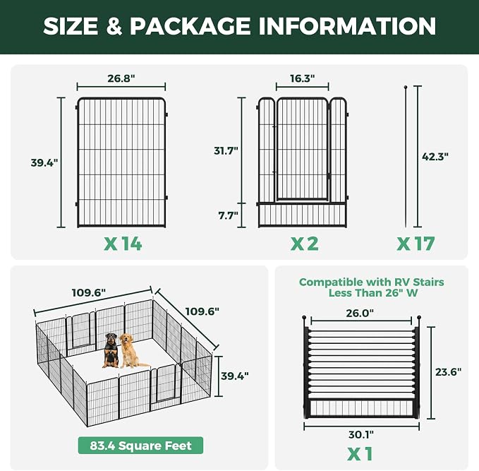 FXW Rollick Dog Playpen with RV Step Grid for RV Camping, 40" H, 16 Panels | Easy Setup & Sturdy, Blocks RV Stair Gaps, Fits RV Steps up to 26"W, For Medium & Large Dogs, Patented