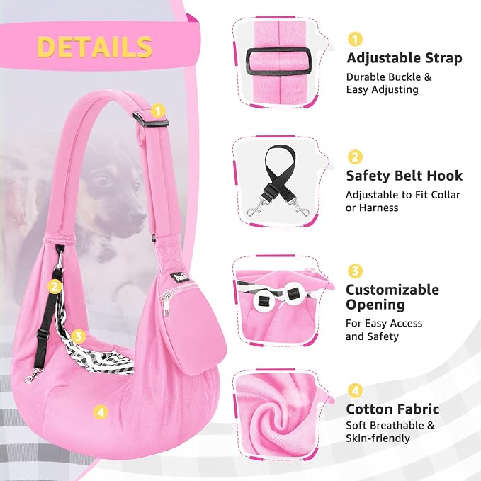 Lukovee Pet Sling, Puppy Small Pet Cat Carrier with Safety Hook | Hands-Free,Padded Strap, Breathable, Adjustable, Storage Pocket, Tote Bag Shoulder Bag with Front Pocket (Pink-WY,L)