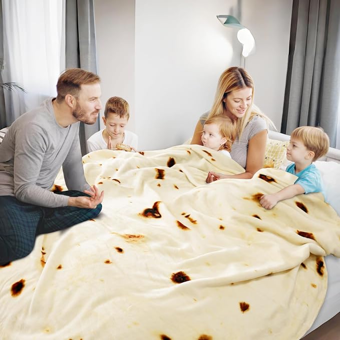 Bnuitland 90 Inches Tortilla Burritos Pattern Blanket with Pouch, 300 GSM Double Sided Giant Flour Novelty Taco Funny Realistic Food Blanket for Bed Sofa, Super Soft Flannel for Adults