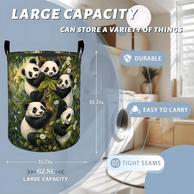 Cute Panda Laundry Basket, Black White Forest Animal Storage Hamper, Round Collapsible Waterproof Cloth Bin, 19.7x15.7 Inch Soft Clothes Organizer Gifts for Bathroom Decor