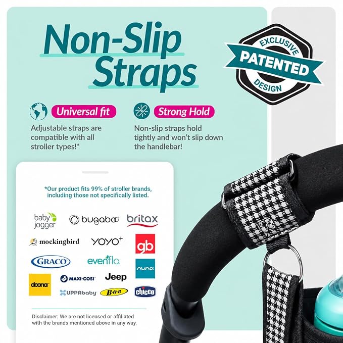 Stroller Organizer Non Slip Straps Stroller Caddy With Cup Holder, Stroller Bag for Phone, Pet Stroller Accessories, Universal Fits Uppababby Vista v2 Wonderfold Wagon, Doona and More (Houndstooth)