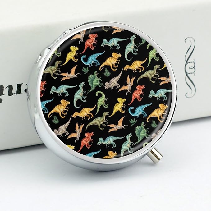 Round 3 Compartment Pill Box with Mirror Cute Dinosaur Design, Portable Metal Pill Case for Purse Pocket Vitamin Storage